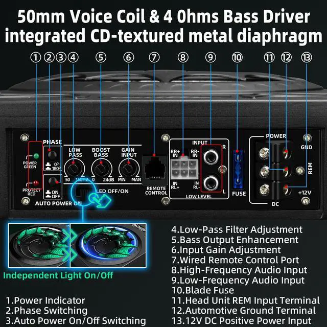 Alt view image 6 of 6 - 1600W Car Subwoofer, 10" Ultra-Thin Powered Under-Seat Subs with Built-in Amplifier, (LPF/Gain/Bass Boost) LED Ambient Lights, Independent Bass Knob, Distortion-Free Deep Bass for Most Vehicles