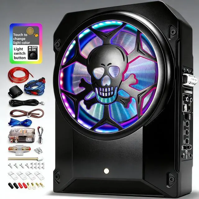 Main image of 1600W Car Subwoofer, 10" Ultra-Thin Powered Under-Seat Sub with Built-in Amplifier, LPF/Gain/Bass Boost, Touch Control, Physical Switch Rhythm LED Ambient Light, Independent Bass Knob