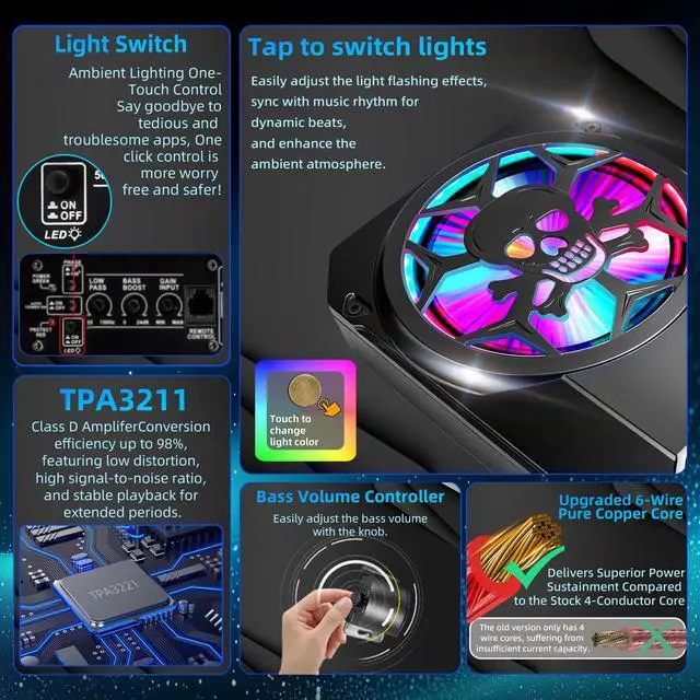 Alt view image 3 of 6 - 1600W Car Subwoofer, 10" Ultra-Thin Powered Under-Seat Sub with Built-in Amplifier, LPF/Gain/Bass Boost, Touch Control, Physical Switch Rhythm LED Ambient Light, Independent Bass Knob