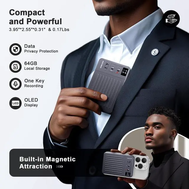 Alt view image 5 of 6 - Note AI Voice Recorder with ChatGPT-Powered Transcription, Summary & Translation, App-Controlled, 121 Languages, 64GB, Wireless Charging, for Meetings, Lectures & Calls
