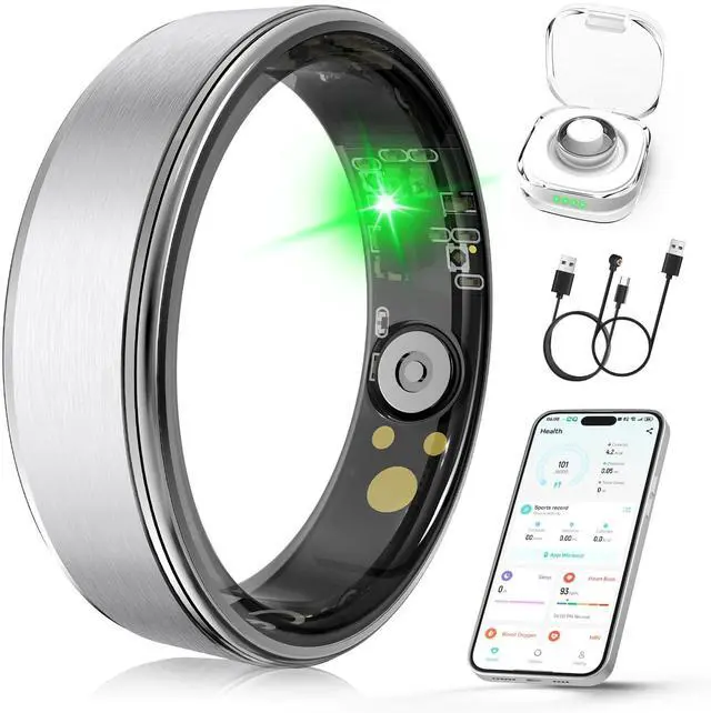 Main image of Smart Ring for Women Men, Health Fitness Tracker Ring with Sleep Monitoring/Heart Rate/Blood Oxygen/HRV/Stress/Calorie/Steps, IP68 Waterproof for iOS & Android, No APP Fees(Silver, 08#)