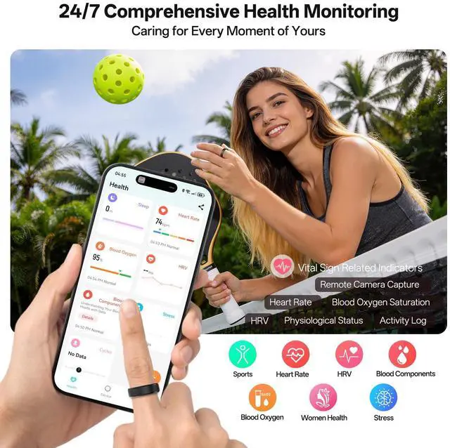 Alt view image 2 of 6 - Smart Ring for Women Men, Health Fitness Tracker Ring with Sleep Monitoring/Heart Rate/Blood Oxygen/HRV/Stress/Calorie/Steps, IP68 Waterproof for iOS & Android, No APP Fees(Silver, 11#)