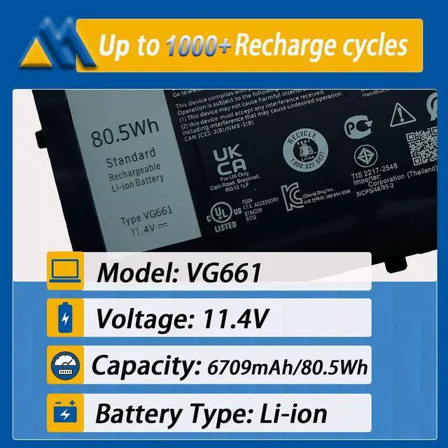 Alt view image 2 of 6 - VG661 Laptop Battery Replace for Dell Alienware X14 R1 Alienware X14 R2 Type P150G P150G001 P15G002 P150G003 P162G P162G001 Series Gaming 0GD3C9 0V4N84 11.4V 80.5Wh 6709mAh