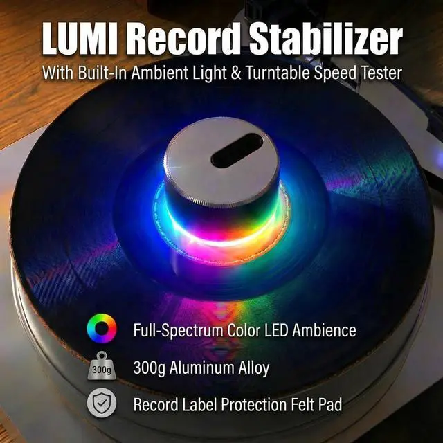 Alt view image 2 of 6 - LUMI Record Weight Stabilizer & Turntable Speed Tester | 33/45/78RPM Stroboscopic Disc & Light | 300g LP Aluminum Weight Clamp | 9 LED Color Ambient Light Lamp | Auto Off & Anti-fingerprint