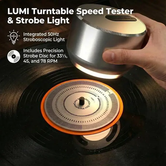 Alt view image 3 of 6 - LUMI Record Weight Stabilizer & Turntable Speed Tester | 33/45/78RPM Stroboscopic Disc & Light | 300g LP Aluminum Weight Clamp | 9 LED Color Ambient Light Lamp | Auto Off & Anti-fingerprint
