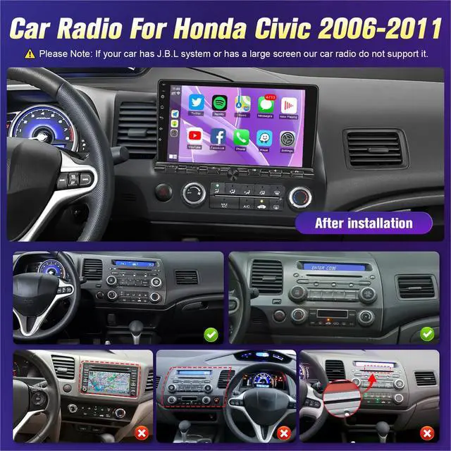 Alt view image 2 of 6 - 8 Core 4+64G Radio for Honda Civic 2006-2011 with Wireless Carplay Android Auto, Upgrade 10.1'' Touchscreen GPS Navigation Bluetooth WiFi Rear Camera FM Mirrorlink Split Screen SWC