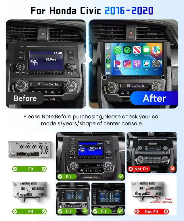 Alt view image 2 of 6 - Double Knob Keybutton 4G+128G for Honda Civic 2016-2020 Car Radio,5GhzWiFi,Android 15,9in-Cell Touchscreen Radio,Wireless Carplay/Android Auto,Type C/USB,GPS,SWC,5.0Bluetooth/AHD Backup Camera