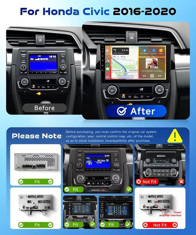 Alt view image 2 of 6 - 8Core 4GB+64GB for Honda Civic 2016-2020 Car Radio Stereo with Wireless Carplay,5.0 Bluetooth,DSP 46EQ,Android Auto,9inch IPS Touch Screen,Android 15,AHD Backup Camera,59UIs,GPS,FM/RDS
