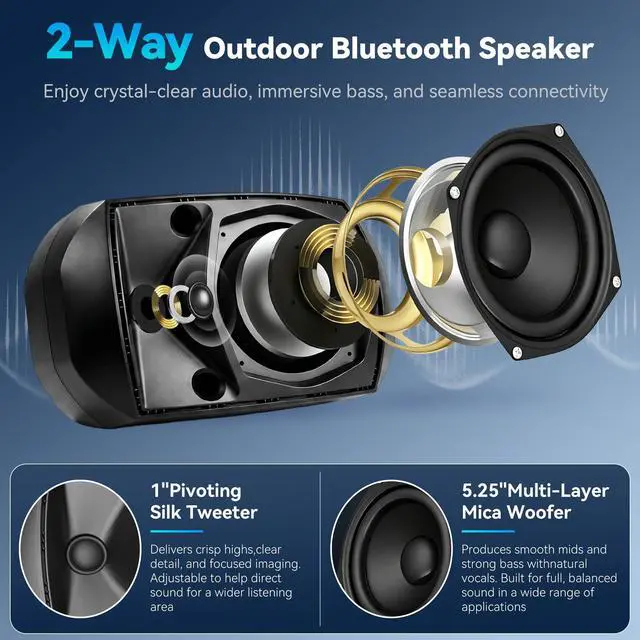 Alt view image 4 of 6 - 5.25 Inch Wall Mount Bluetooth 6.0 Outdoor Speaker,IP66 Waterproof Indoor/Outdoor Sound System,2-Way Woofer & Tweeter,600W Peak Wired Speakers for Pool,Patio,Garage,Home Theater(Pair,Black)