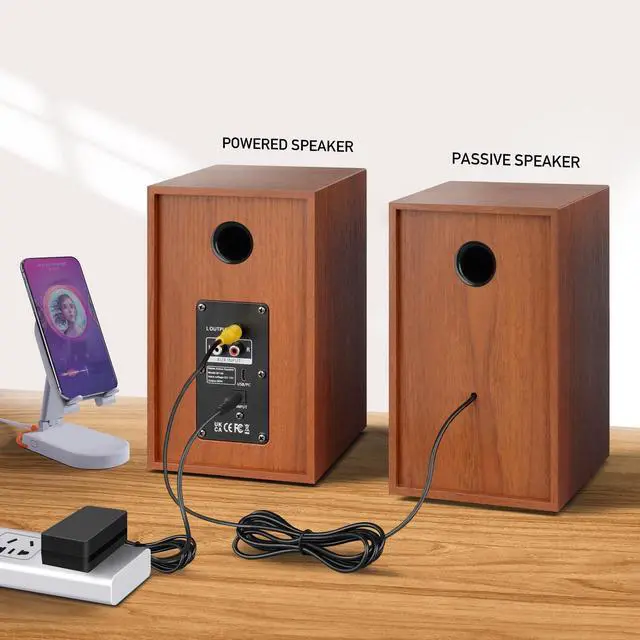 Alt view image 2 of 6 - Powered Bluetooth 5.3 Bookshelf Speakers - 60W Record Player Speakers with 4" Carbon Fiber Woofer & USB-C/RCA Input, Wooden Monitor Speakers for Turntables, PC, TV, Gaming, Brown