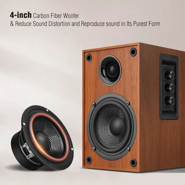 Alt view image 3 of 6 - Powered Bluetooth 5.3 Bookshelf Speakers - 60W Record Player Speakers with 4" Carbon Fiber Woofer & USB-C/RCA Input, Wooden Monitor Speakers for Turntables, PC, TV, Gaming, Brown