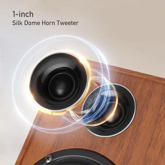 Alt view image 4 of 6 - Powered Bluetooth 5.3 Bookshelf Speakers - 60W Record Player Speakers with 4" Carbon Fiber Woofer & USB-C/RCA Input, Wooden Monitor Speakers for Turntables, PC, TV, Gaming, Brown
