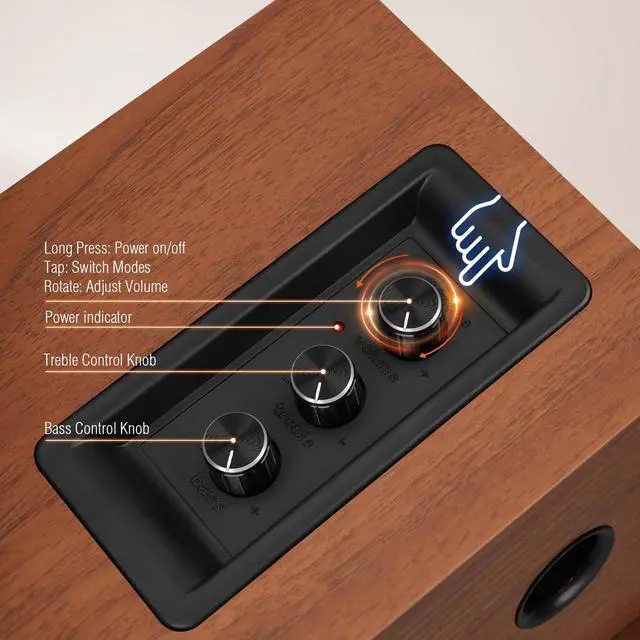 Alt view image 6 of 6 - Powered Bluetooth 5.3 Bookshelf Speakers - 60W Record Player Speakers with 4" Carbon Fiber Woofer & USB-C/RCA Input, Wooden Monitor Speakers for Turntables, PC, TV, Gaming, Brown