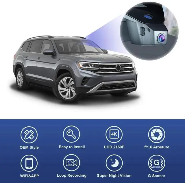 Alt view image 3 of 6 - 4K Dash Cam Suitable for Volkswagen Atlas 2018-2026 (Model B, Wide Body Design) & Cross Sport 2020-2026, OEM Look, UHD 2160P Video, WiFi & APP, Loop Recording, Parking Sensor, Plug&Play, 64GB