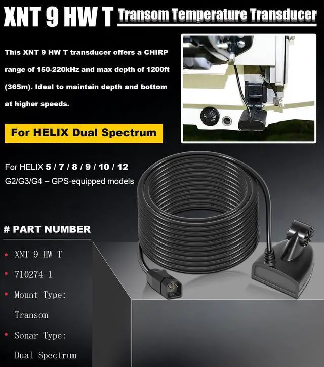 Alt view image 6 of 6 - XNT-9-HW-T Transom Temperature Transducer for Humminbird Helix 5/7/8/9/10/12 with Dual Spectrum Chirp Sonar 710274-1, 20 Feet Cable Length MEGA Imaging Shallow to Deep Water