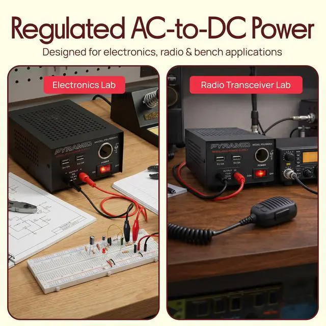Alt view image 4 of 6 - Universal Compact Bench Power Supply - 7 Amp Regulated Home Lab Benchtop AC-Dc Converter Power Supply for CB Radio, HAM W/ 13.8 Volt Dc 120V AC Supply, Dual USB, Cigarette Lighter - PSU990KX