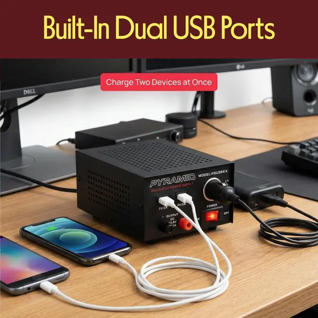 Alt view image 6 of 6 - Universal Compact Bench Power Supply - 7 Amp Regulated Home Lab Benchtop AC-Dc Converter Power Supply for CB Radio, HAM W/ 13.8 Volt Dc 120V AC Supply, Dual USB, Cigarette Lighter - PSU990KX