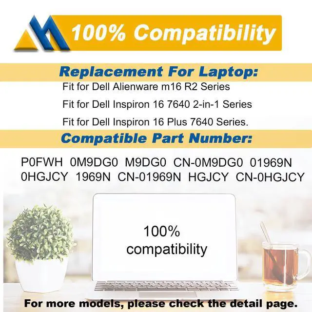 Alt view image 5 of 6 - P0FWH Laptop Battery Replacement for Dell Inspiron 16 Plus 7640 Inspiron 16 7640 2-in-1 Type P133F P132F Alienware m16 R2 Series POFWH TN70C 0M9DG0 0HGJCY 11.7V 90Wh 7692mAh