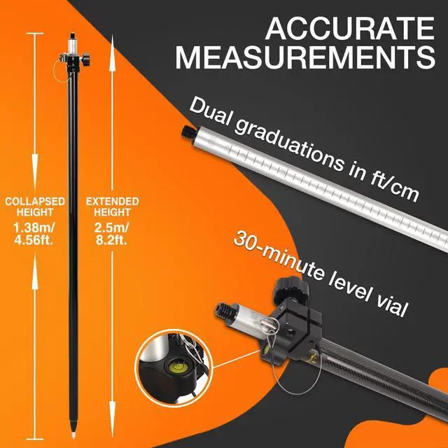 Alt view image 3 of 6 - Telescopic GPS Pole, GPS Rod 2.5m/8.2Ft for Land Surveying & Engineering GPS/GNSS Accessory and Instruments (GLS25)