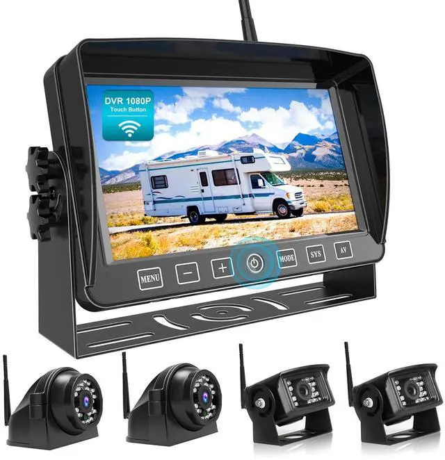 Main image of HD 7" Wireless Backup Camera System, 1080P 7" Quad Split Screen Monitor, IP69 Waterproof Side Rear View Cameras, Parking Lines, Loop Recording, Digital Signal for RV/Trailer/Truck/Bus (DW7T4)