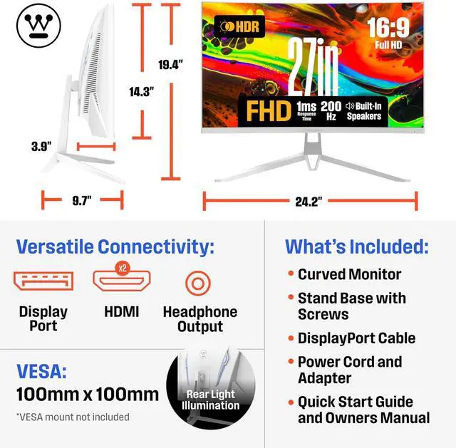 Alt view image 6 of 6 - 27 Inch Curved Gaming Monitor, 200Hz, 1ms, FHD 1080P, 3000:1 Contrast Ratio, 118% sRGB, 1500R, AMD FreeSync, Eyecare, for PC Games with Built-in Speakers, DisplayPort, HDMIx2-White