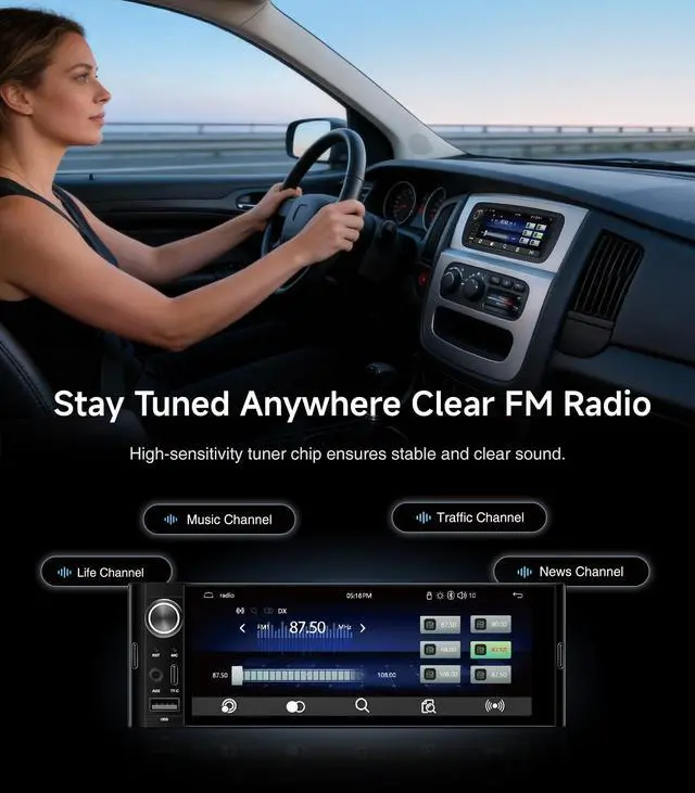 Alt view image 3 of 6 - 6.36" Single DIN Car Radio Stereo, Linux System HD IPS Touchscreen with Wireless CarPlay & Android Auto, Bluetooth, USB-C/USB/FM