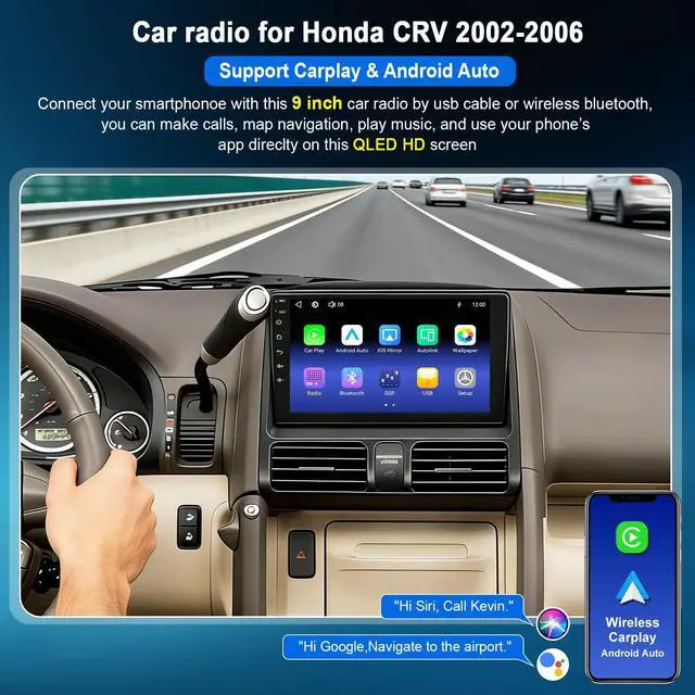 Alt view image 3 of 6 - Car Radio Stereo for Honda CRV 2002 2003 2004 2005 2006, Support Wireless Carplay/Android Auto/Mirrorlink, 9 Inch QLED Touchscreen with Bluetooth,FM Radio