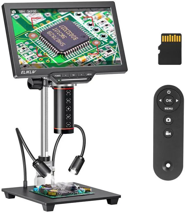 Main image of Autofocus Digital Microscope EM3K-AF Max: 3K Coin Microscopes with 10.1" IPS Screen, HDMI Soldering Microscope for Electronics Repair, Watchmaking Magnifier, HDMI/USB Output, 10" Stand, 16GB