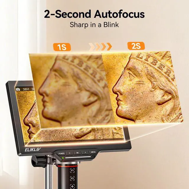 Alt view image 3 of 6 - Autofocus Digital Microscope EM3K-AF Max: 3K Coin Microscopes with 10.1" IPS Screen, HDMI Soldering Microscope for Electronics Repair, Watchmaking Magnifier, HDMI/USB Output, 10" Stand, 16GB