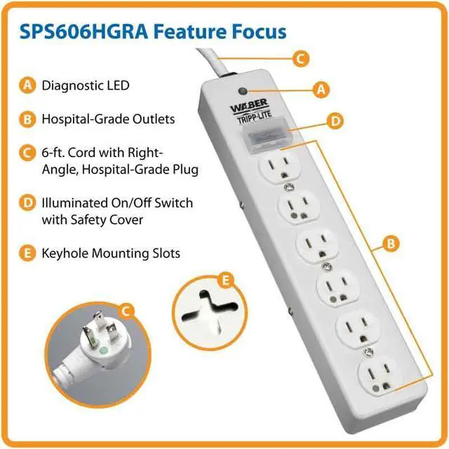 Alt view image 3 of 6 - Hospital-Grade Surge Protector Medical Power Strip, 6 Outlets, Right-Angle NEMA 5-15PHG Plug, 6 Foot / 1.8M Cord, 1050 Joule Protection, (SPS606HGRA)