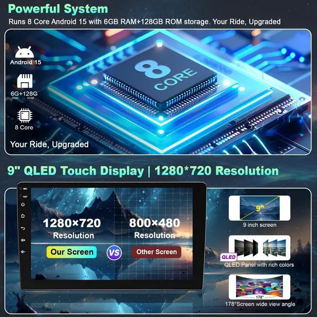 Alt view image 3 of 6 - 8 Core 6GB+128GB Car Radio for Toyota Tacoma 2005-2015,9 Inch QLED Touch Screen Car Stereo with Carplay&Android Auto,WiFi,GPS Navigation,Bluetooth5.0,FM&AM Radio,Android 15