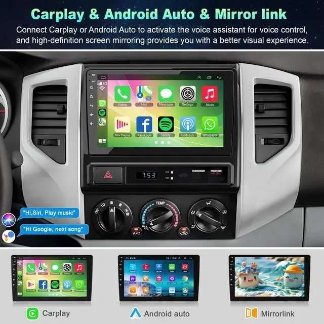Alt view image 4 of 6 - 8 Core 6GB+128GB Car Radio for Toyota Tacoma 2005-2015,9 Inch QLED Touch Screen Car Stereo with Carplay&Android Auto,WiFi,GPS Navigation,Bluetooth5.0,FM&AM Radio,Android 15