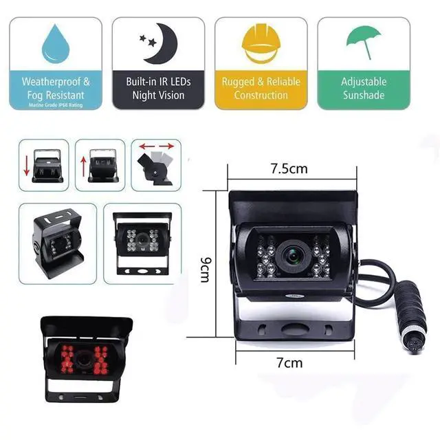 Alt view image 4 of 6 - 7" Backup Camera with Monitor Kit, Waterproof 18 IR LED Night Vision Reverse Camera + Rear View Monitor Vehicle Parking System for RV Bus Trailer Truck (65ft 4-Pin Aviation Video Cable)