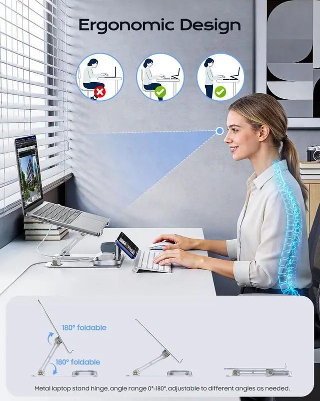Alt view image 3 of 6 - Laptop Stand with Wireless Charging Station Base, Foldable Aluminum MacBook Holder with MagSafe Charger for iPhone/iWatch/AirPods, 30W USB-C Wired Charging for Laptop/iPad, with 65W Adapter
