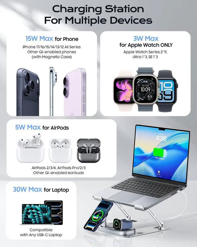 Alt view image 5 of 6 - Laptop Stand with Wireless Charging Station Base, Foldable Aluminum MacBook Holder with MagSafe Charger for iPhone/iWatch/AirPods, 30W USB-C Wired Charging for Laptop/iPad, with 65W Adapter