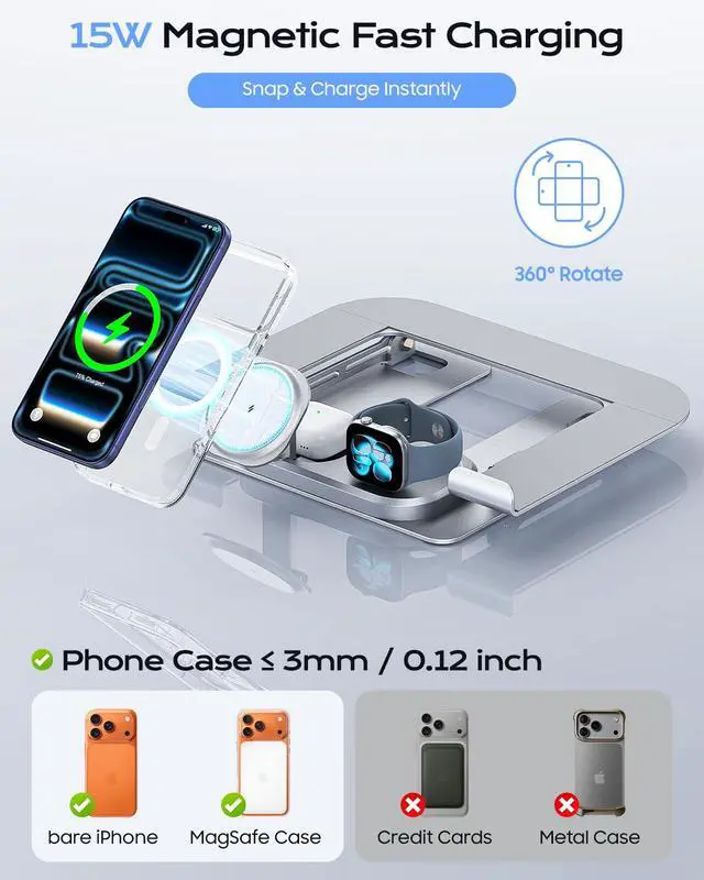 Alt view image 6 of 6 - Laptop Stand with Wireless Charging Station Base, Foldable Aluminum MacBook Holder with MagSafe Charger for iPhone/iWatch/AirPods, 30W USB-C Wired Charging for Laptop/iPad, with 65W Adapter