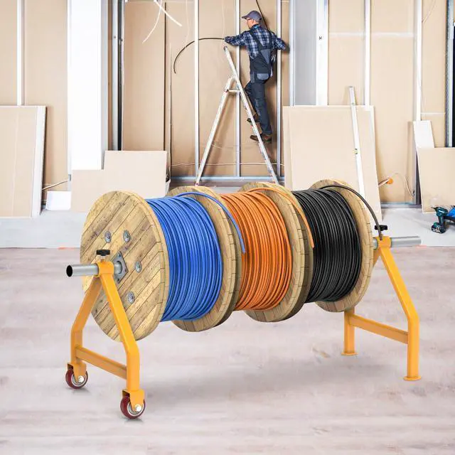 Alt view image 6 of 6 - Wire Spool Rack, Portable Cable Caddy, Steel Fully welded Wire Rack Dispenser for up to 28" Diameter Spools, 220 lbs Capacity, Yellow
