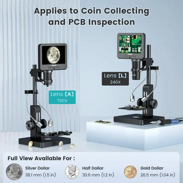 Alt view image 4 of 6 - LM266S 5 Lens 7" HDMI Digital Microscope 5000X for Adults, Lab Digital Biological Microscope with Screen for Slides, Mechanical X-Y Stage, UHD 2160P Video, LCD Full View Coin Camera, PC View, 32GB