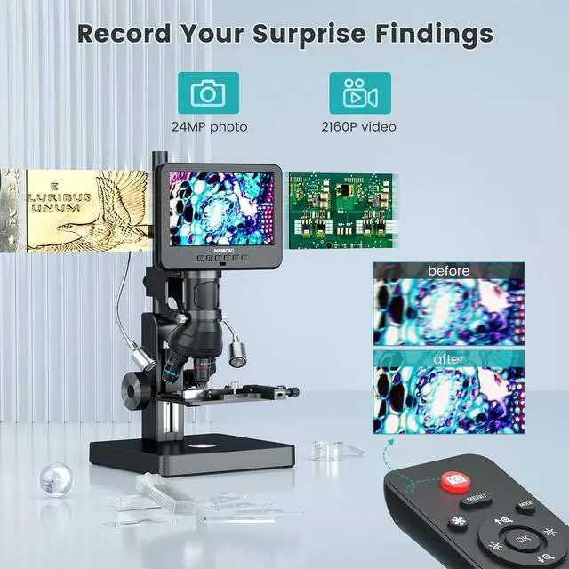 Alt view image 5 of 6 - LM266S 5 Lens 7" HDMI Digital Microscope 5000X for Adults, Lab Digital Biological Microscope with Screen for Slides, Mechanical X-Y Stage, UHD 2160P Video, LCD Full View Coin Camera, PC View, 32GB