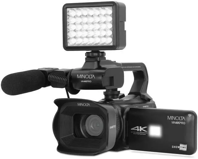 Main image of 64MP Autofocus Video Camera with Microphone & Video Light, 4" Touchscreen, 4K Ultra HD Video, 18x Digital Zoom, WiFi, Stabilizer, 32GB Card, 3100mAh Battery, Carrying Bag (Black)