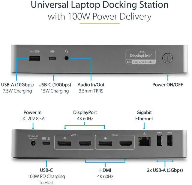 Alt view image 4 of 6 - Universal Laptop Docking Station, Hybrid USB-C/USB-A Dock, Dual 4K DP/HDMI, 100W PD, Mac/Windows/Chrome OS, NIC