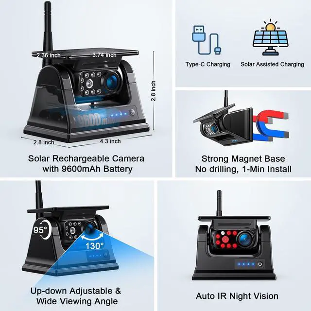 Alt view image 5 of 6 - 2 Magnetic Solar Wireless Backup Camera 7" IPS Touchscreen Monitor 1 Min DIY Install Portable Scratch-Proof No Drilling HD 1080P DVR Rechargeable Night Vision for Car RV Truck Camper - DCM702