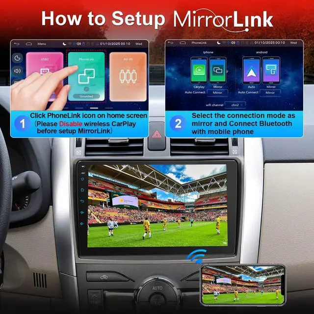 Alt view image 5 of 6 - Car Radio for Toyota Corolla 2009 2010 2011 2012 2013 Support Wireless Carpaly and Android Auto, 9 Inch IPS Touch Screen with Bluetooth/SWC/DSP/AM/FM