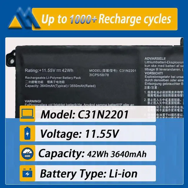 Alt view image 2 of 6 - 42Wh C31N2201 Laptop Battery Replacement for ASUS Vivobook 15 X1504VA X1504ZA F1504ZA Go 15 E1504FA E1504GA 14 OLED X1405VA 16 M1605YA X1605EA 14X X1403VA 15X M3504YA 16X M3604YA 11.55V 3640mAh