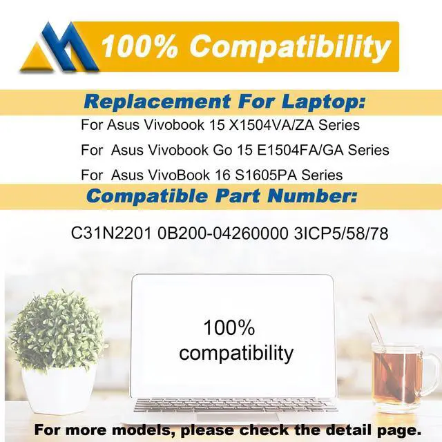 Alt view image 5 of 6 - 42Wh C31N2201 Laptop Battery Replacement for ASUS Vivobook 15 X1504VA X1504ZA F1504ZA Go 15 E1504FA E1504GA 14 OLED X1405VA 16 M1605YA X1605EA 14X X1403VA 15X M3504YA 16X M3604YA 11.55V 3640mAh