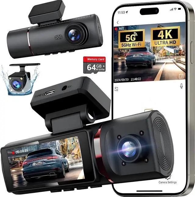Main image of 3 Channel 4K Dash Cam Front and Rear Inside, Built-in 5G WiFi,4K+1080P+1080P Dash Camera with 64GB Card,3.16 IPS Screen,Loop Recording, G-Sensor, 24H Parking Monitor, Night Vision(Rose Gold)