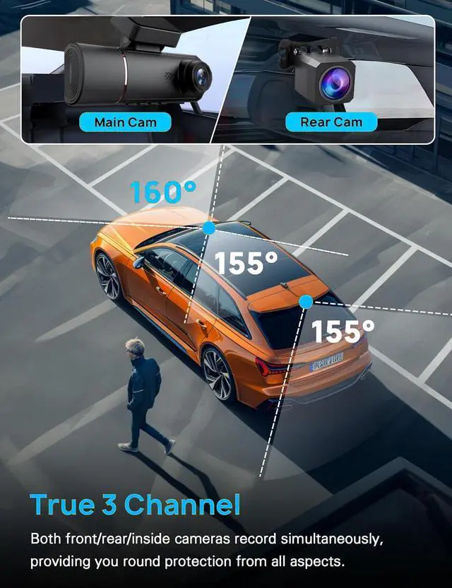 Alt view image 6 of 6 - 3 Channel 4K Dash Cam Front and Rear Inside, Built-in 5G WiFi,4K+1080P+1080P Dash Camera with 64GB Card,3.16 IPS Screen,Loop Recording, G-Sensor, 24H Parking Monitor, Night Vision(Rose Gold)