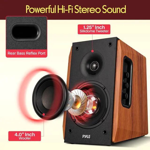 Alt view image 2 of 6 - Powered Bookshelf Speaker System with Bluetooth, 80W Active Stereo Speakers, Bass Reflex Natural Wood Cabinet, Hi Def ARC, Optical, Coax, Subwoofer Out, for Entertainment, Studio (Pair)