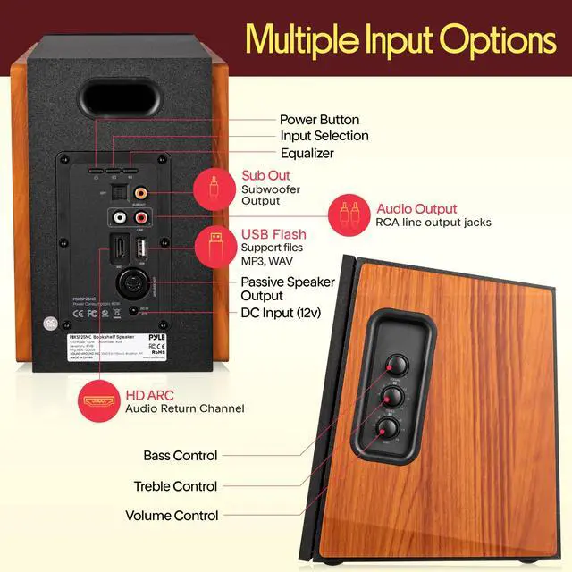 Alt view image 4 of 6 - Powered Bookshelf Speaker System with Bluetooth, 80W Active Stereo Speakers, Bass Reflex Natural Wood Cabinet, Hi Def ARC, Optical, Coax, Subwoofer Out, for Entertainment, Studio (Pair)