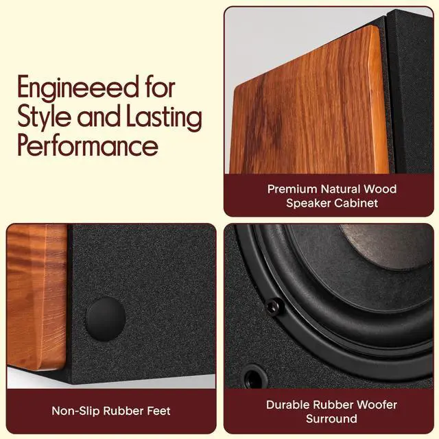 Alt view image 5 of 6 - Powered Bookshelf Speaker System with Bluetooth, 80W Active Stereo Speakers, Bass Reflex Natural Wood Cabinet, Hi Def ARC, Optical, Coax, Subwoofer Out, for Entertainment, Studio (Pair)